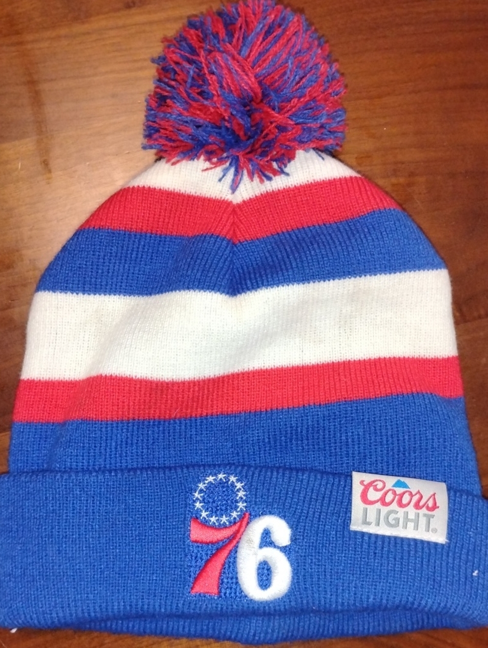 Kids Pom Beanie Hat in Blue/Red/White